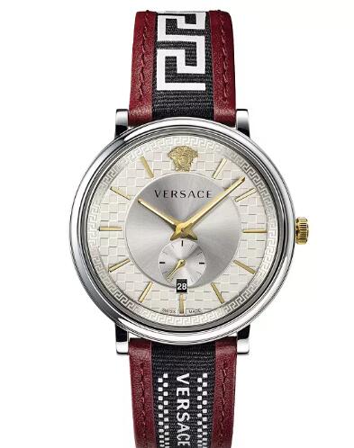 Cheap Versace Men's Swiss V Circle Greca Edition Burgundy Leather Strap Watch 42mm Replica
