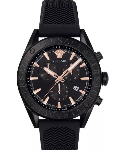 Cheap Versace Men's Swiss V-Chrono Black Silicone Strap Watch 44mm Replica