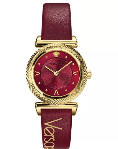 Cheap Versace Women's Swiss V-Motif Vintage Logo Red Leather Strap Watch 35mm Replica