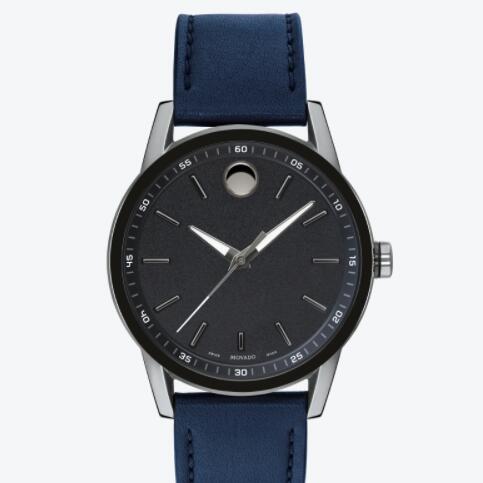 Replica Movado Museum Men Black PVD Stainless Steel Watch With Navy Strap 0607263