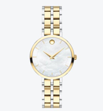 Movado Kora pale yellow gold watch with white dial, pale yellow gold accents and two-toned stainless steel and pale yellow gold bracelet Replica 0607323 Movado Kora pale yellow gold watch with white dial, pale yellow gold accents and two-toned stainless steel and pale yellow gold bracelet Replica 0607323