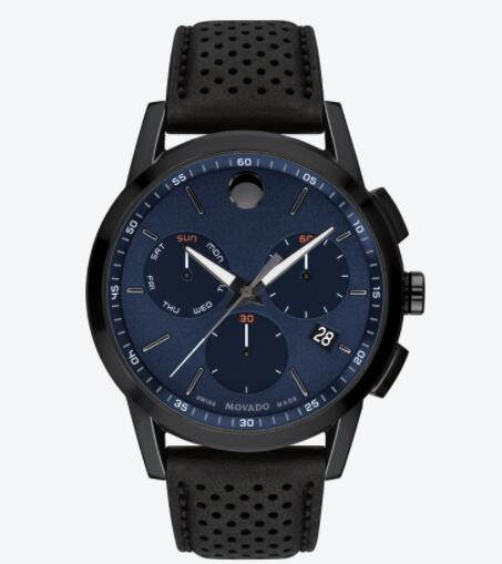 Replica Movado Museum Sport black watch with blue dial black accents and black strap 0607360