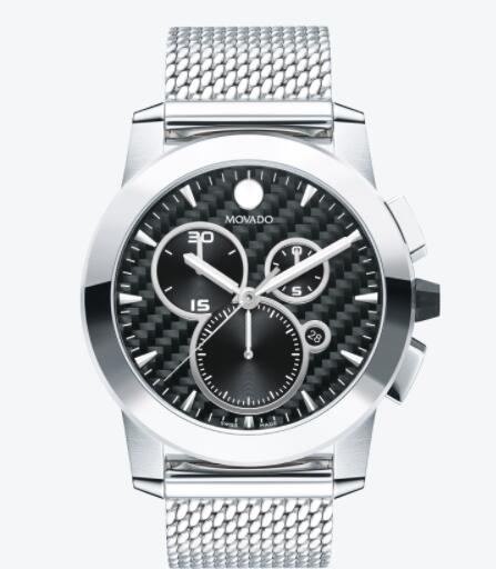 Replica Movado Vizio stainless steel watch with black dial, white accents and stainless steel mesh bracelet 0607380