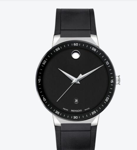 Replica Movado Men Sapphire black watch with black dial, silver accents and black strap 0607406
