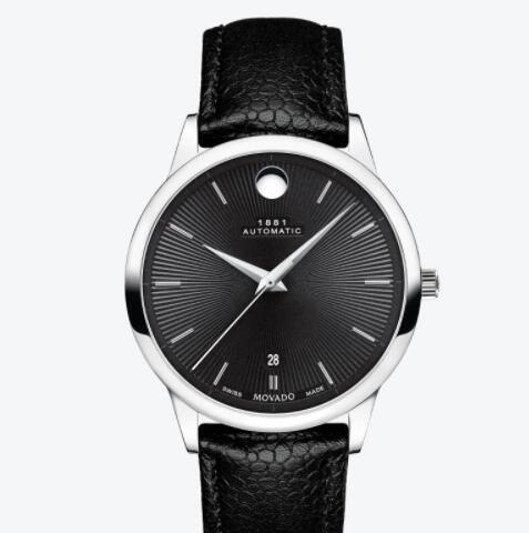 Replica Movado 1881 Automatic stainless steel watch black dial and textured leather strap 0607453