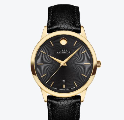 Replica Movado 1881 Automatic gold watch black dial and textured leather strap 0607455