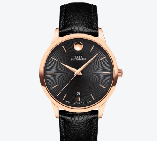 Replica Movado 1881 Automatic rose gold watch with black dial and strap 0607457