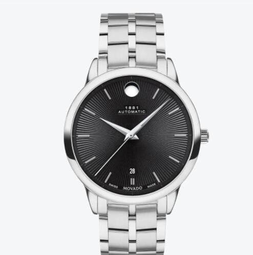 Replica Movado 1881 Automatic stainless steel watch and bracelet with black dial 0607461
