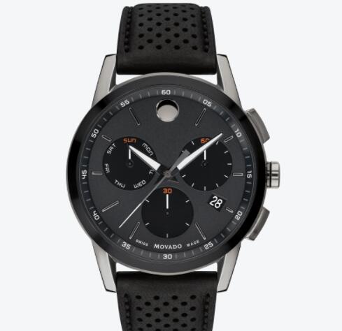Replica Movado Museum Sport gunmetal case with black dial and strap 0607476