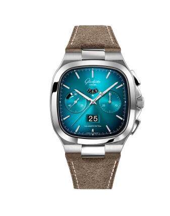 Glashütte Original Seventies Chronograph Panorama Date Turquoise Nubuck Folding Copy Watch 1-37-02-06-02-35