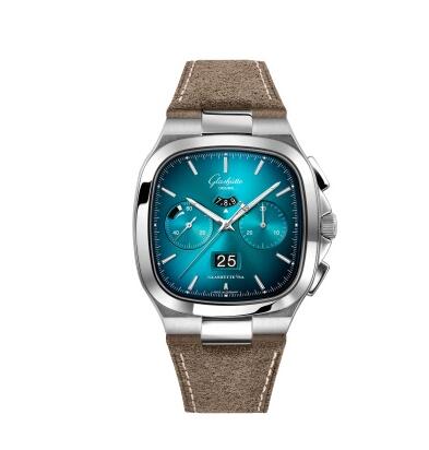 Glashütte Original Seventies Chronograph Panorama Date Turquoise Nubuck Folding Copy Watch 1-37-02-06-02-55