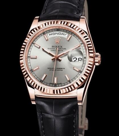 Rolex Watches Oyster Perpetual Day-Date 118135 everose Gold - Rhodium Dial - Alligator Bracelet