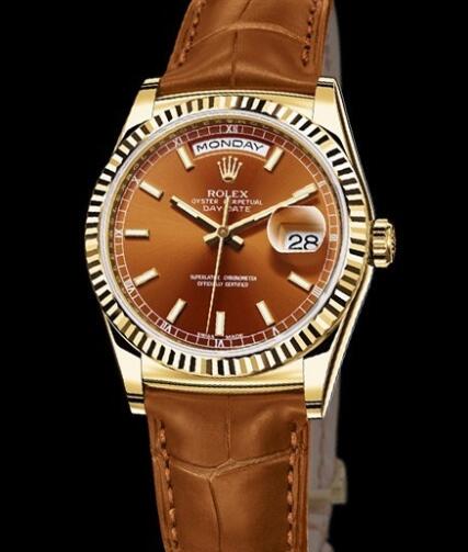 Rolex Watches Oyster Perpetual Day-Date 118138 Yellow Gold - Cognac Dial - Alligator Bracelet