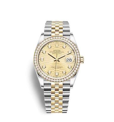 Rolex Datejust 36 Stainless Steel Yellow Gold Diamond Champagne Fluted Diamond Jubilee Replica Watch 126283RBR-0031