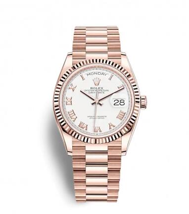 Rolex Day-Date 36 Everose Gold Fluted White – Roman President Replica Watch 128235-0052