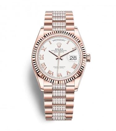 Rolex Day-Date 36 Everose Gold Fluted White – Roman President-Diamond Replica Watch 128235-0053