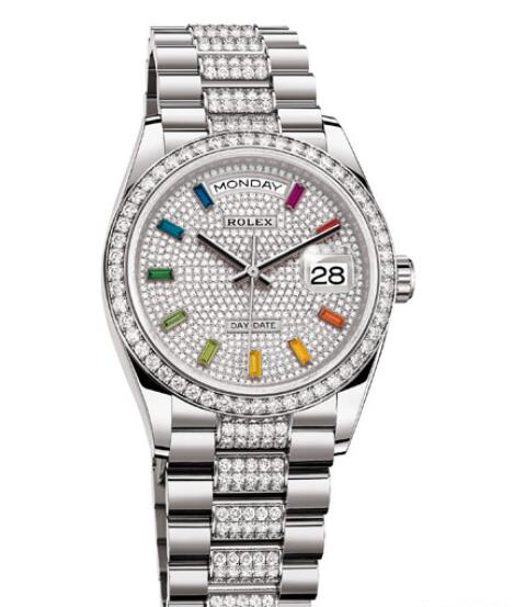 Fake Rolex Women Watch Day-Date 36 Oyster Perpetual 128349RBR-84809BR White Gold - Diamonds - Sapphires