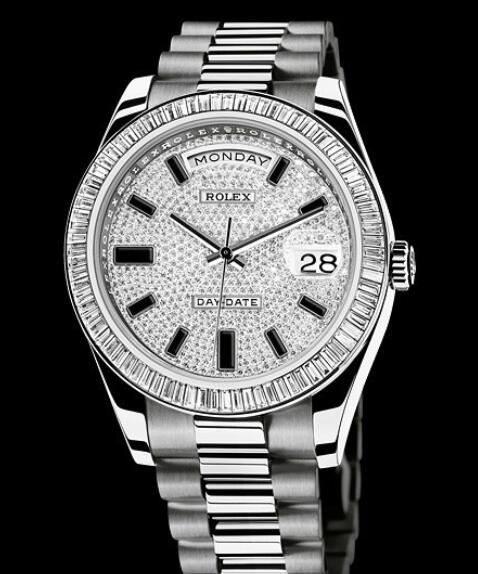 Rolex Replica Watch Oyster Perpetual Day-Date II 218399 / 83219 White Gold - Setted Bezel & Paved Dial