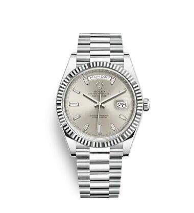 Rolex Day-Date 40 Platinum Fluted Silver Baguette Replica Watch 228236-0002