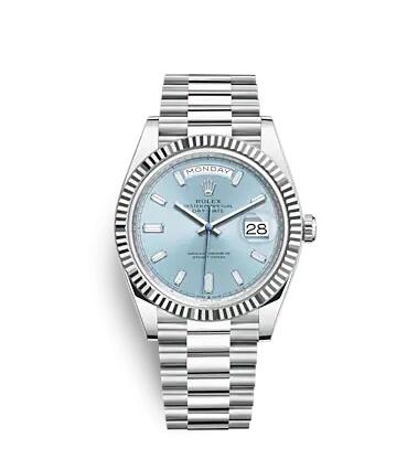 Rolex Day-Date 40 Platinum Fluted Ice Blue Baguette Replica Watch 228236-0006