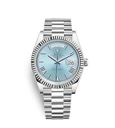 Rolex Day-Date 40 Platinum Fluted Ice Blue Roman Replica Watch 228236-0012