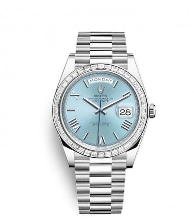 Rolex Day-Date 40 Platinum Baguette Ice Blue – Roman Replica Watch 228396tbr-0030