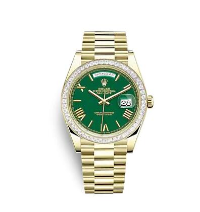 Rolex Day-Date 40 Yellow Gold Diamond Green Roman Replica Watch 228398TBR-0039