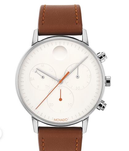 Movado Face stainless steel watch with white dial, dark orange accents and brown strap 3640037 Replica Watch Cheap Price