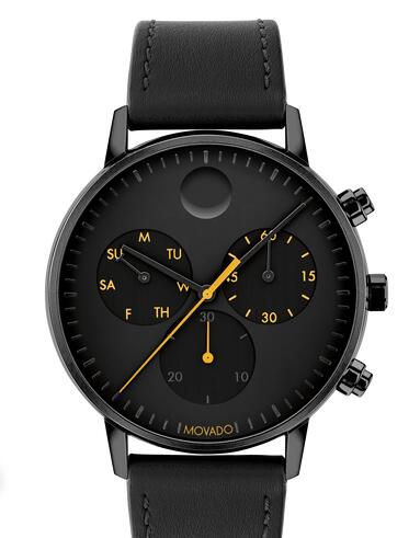 Movado Face black watch with black dial, yellow and orange accents and black strap 3640039 Replica Watch Cheap Price