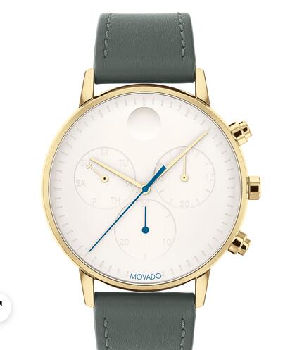 Movado Face pale yellow gold watch with white dial, blue accents and grey strap 3640043 Replica Watch Cheap Price