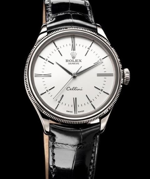 Rolex Cellini Watch Replica Cellini Time 50509 White Gold - Black Dial - Alligator Strap