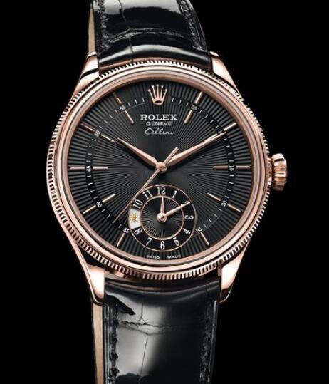 Rolex Cellini Watch Replica Cellini Dual Time 50525 Everose gold - Black Dial - Alligator Strap