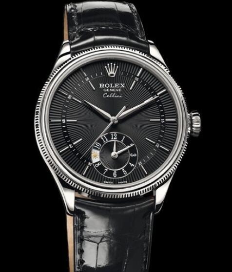 Rolex Cellini Watch Replica Cellini Dual Time 50529 White Gold - Black Dial - Alligator Strap