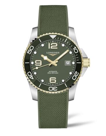 Longines HydroConquest 41 Automatic Stainless Steel Yellow Gold Green Rubber Replica Watch L3.781.3.06.9