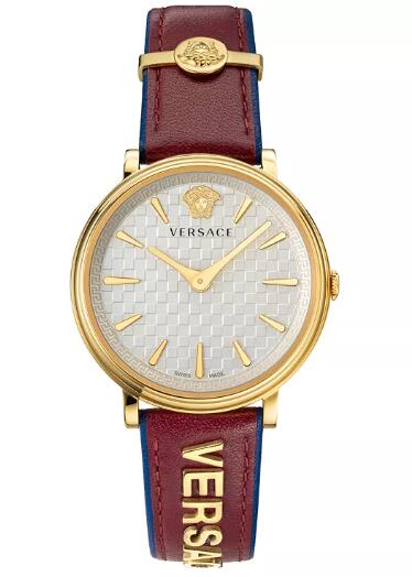 Cheap Versace Women's Swiss V-Circle Logomania Red Calf Leather Strap Watch 38mm Replica