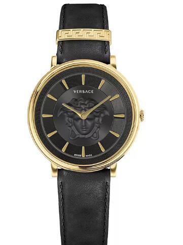 Cheap Versace Women's Swiss V-Circle Black Leather Strap Watch 38mm Replica