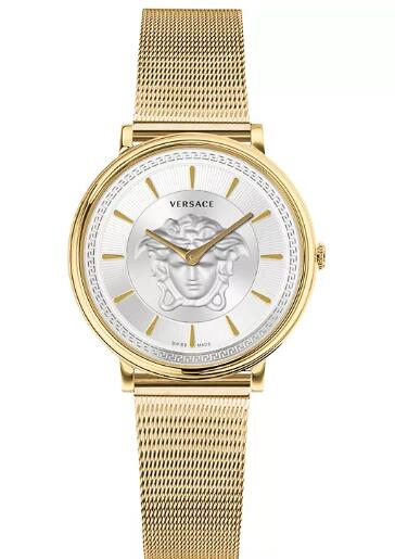 Cheap Versace Women's Swiss V-Circle Gold Ion-Plated Stainless Steel Mesh Bracelet Watch 38mm Replica