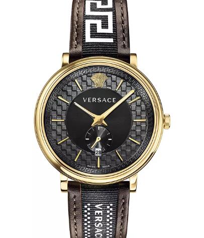 Cheap Versace Men's Swiss V Circle Greca Edition Brown Leather Strap Watch 42mm Replica