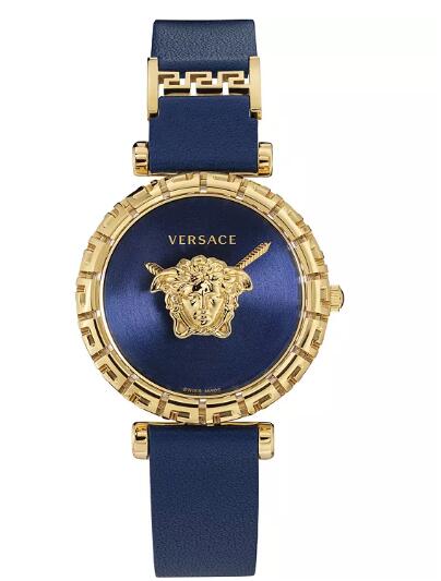 Cheap Versace Women's Swiss Palazzo Empire Greca Blue Leather Strap Watch 37mm Replica