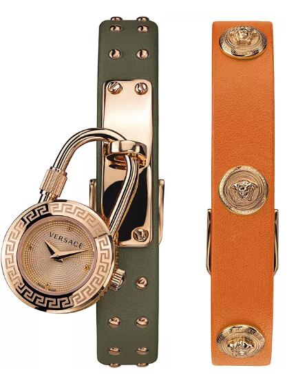 Cheap Versace Women's Swiss Medusa Lock Icon Green & Orange Leather Strap Watch 21.5mm Replica